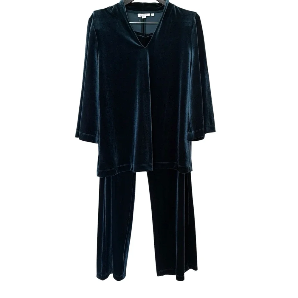 Chico’s Velvet 2 Piece Set Womens Large Teal 3/4 Sleeve Pull On Pants Relaxed - Picture 2 of 10